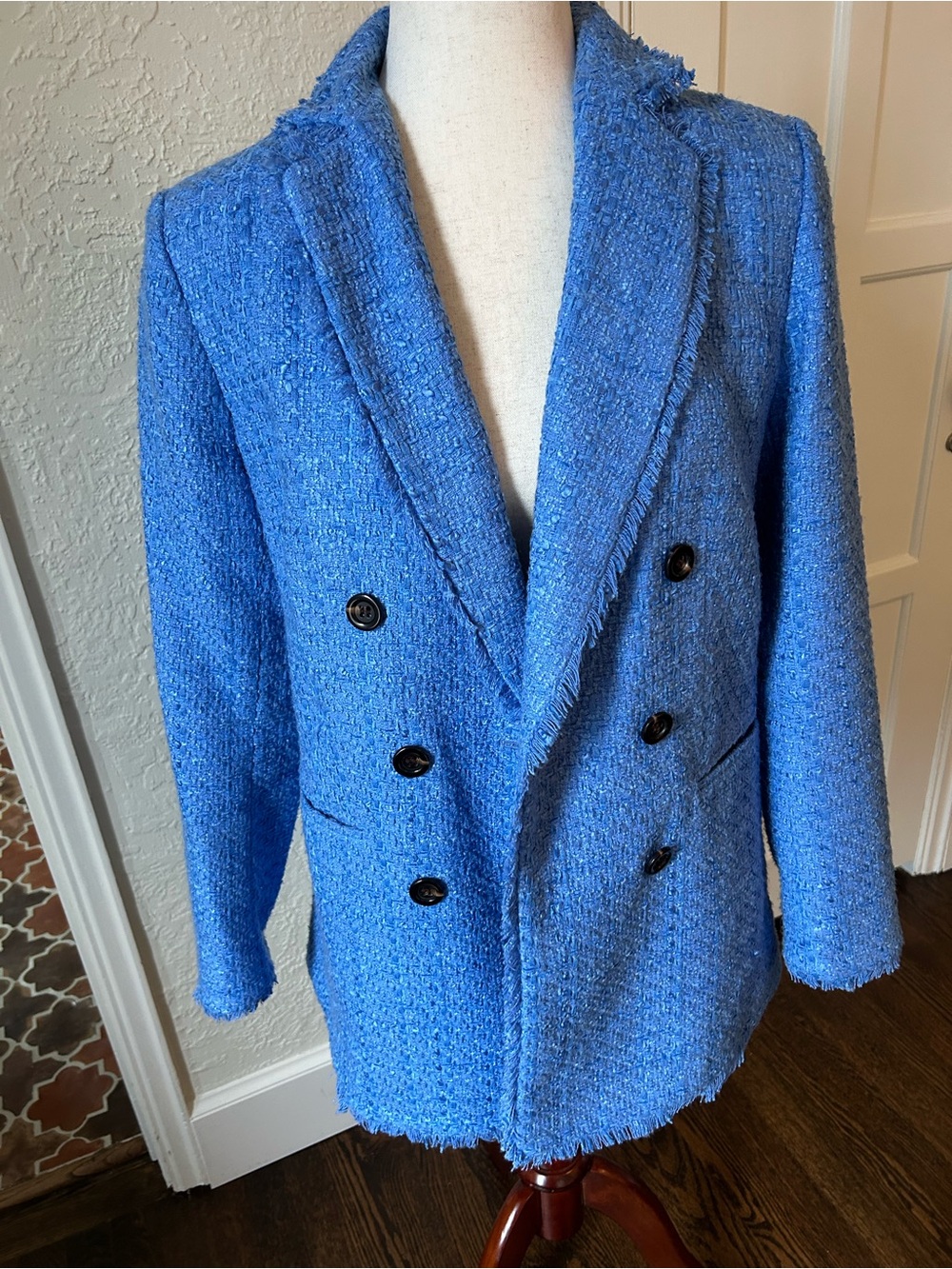Ann Taylor Cornflower Blue Double-Breasted Bouclé Blazer